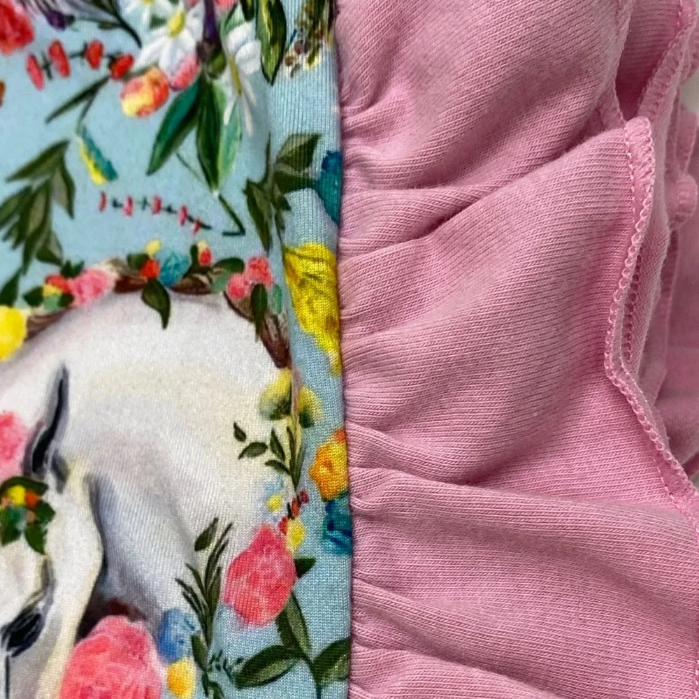 Whimsical Floral Horse Print Throw Blanket w/Solid Pink on the back side Ruffles